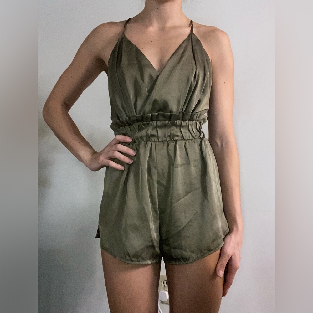 Dark green satin romper, size small